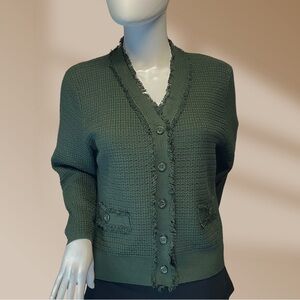 Adrianna Papell Women's Dark Green Frayed Waffle Knit Sweater Cardigan NWOT